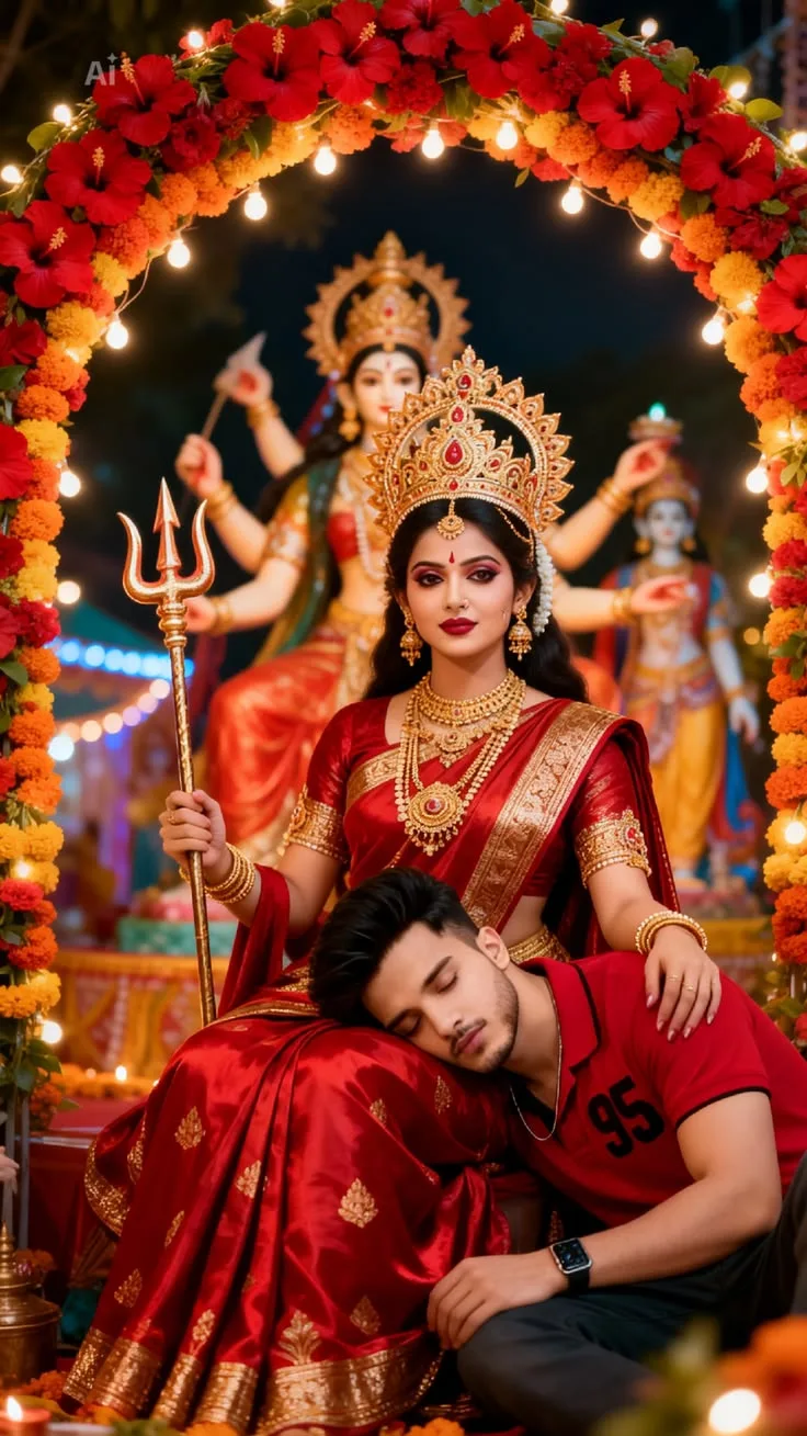 Devotional Navratri Scene of Young Man Resting Head on Goddess Durga Incarnation's Lap