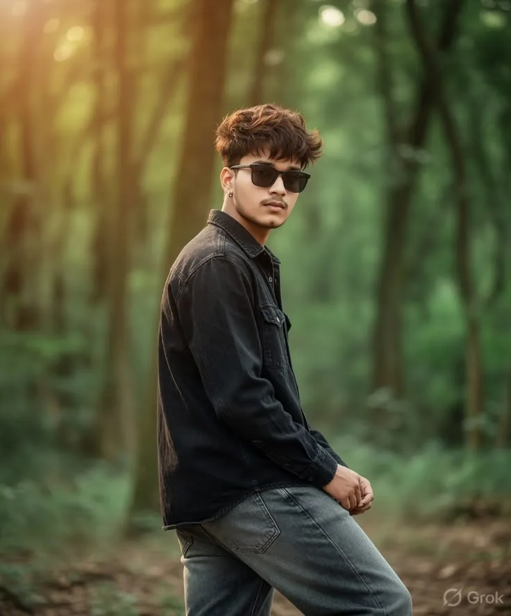 Candid Young Man in Black Denim Shirt in Sunlit Forest