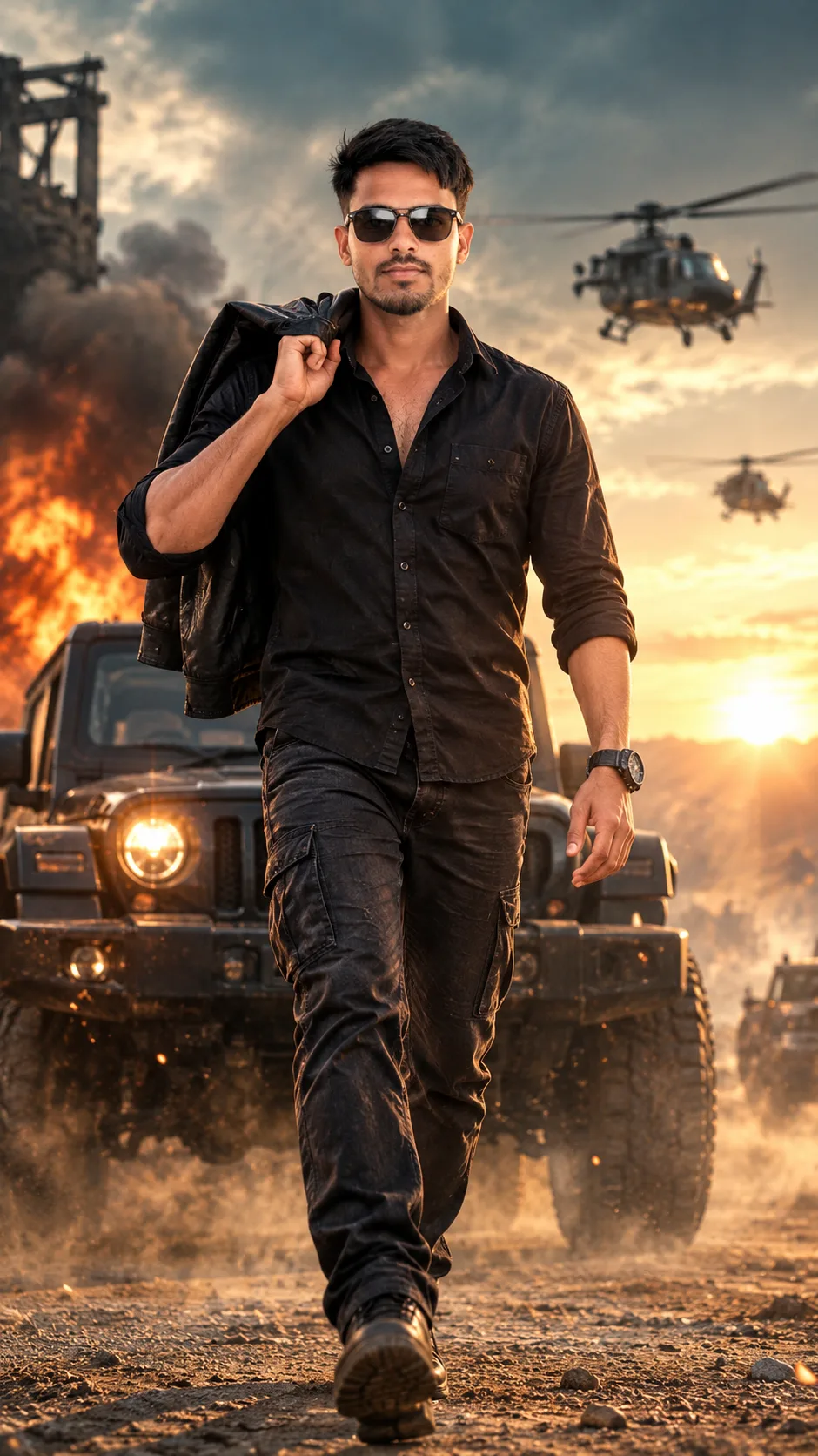 Fearless Action Hero Walk 🔥 Black Outfit, Leather Jacket & Epic Movie Vibes 😎