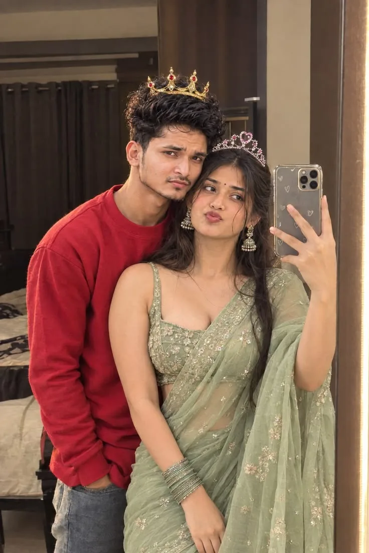 couple taking a mirror selfie indoors
