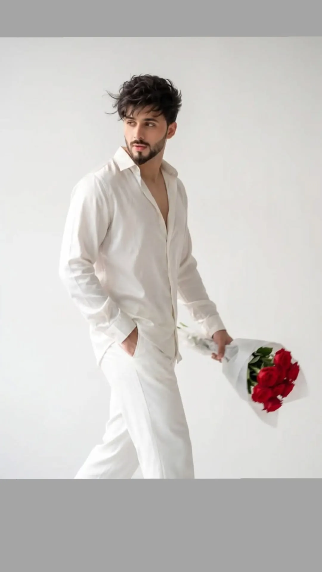 a man in a white shirt and pants holding a bouquet of red roses.