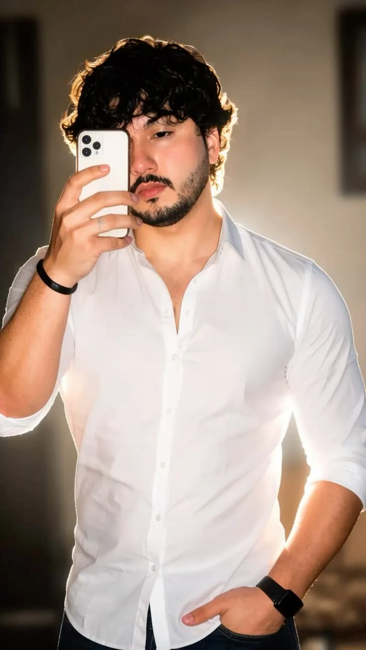 man with curly dark hair, taking a selfie with his white iPhone i