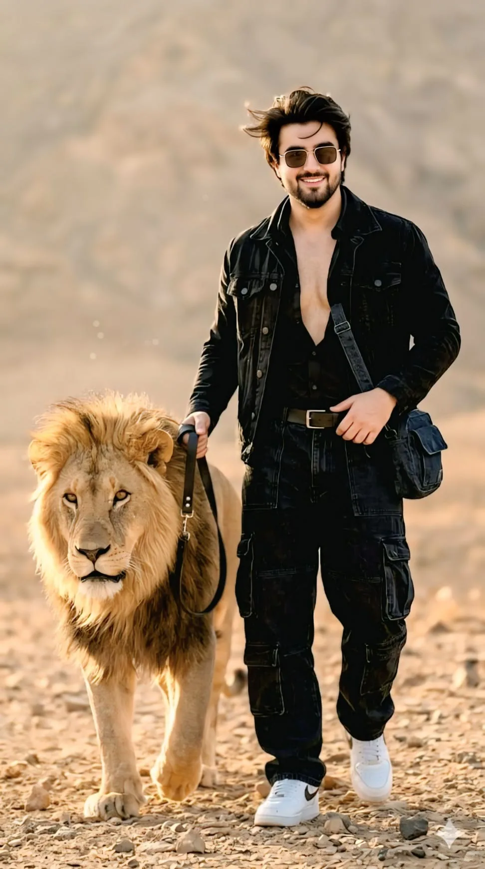 a man walking a lion on a leash, with the lion's mane and