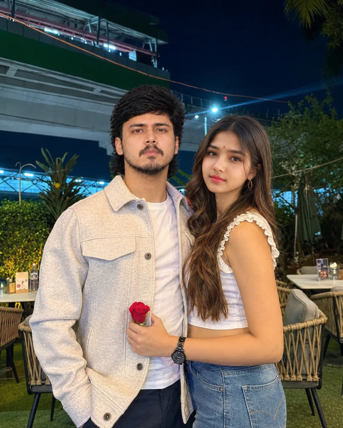 Romantic Nighttime Couple Portrait with Red Rose