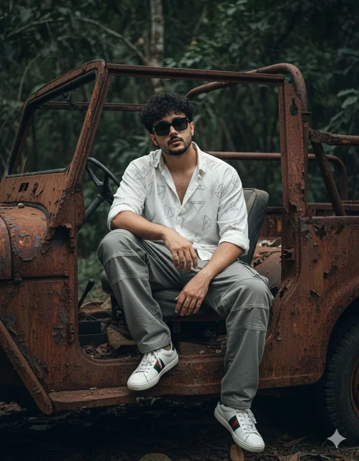 a man sitting on the rusty, rusted-out frame of an old jeep