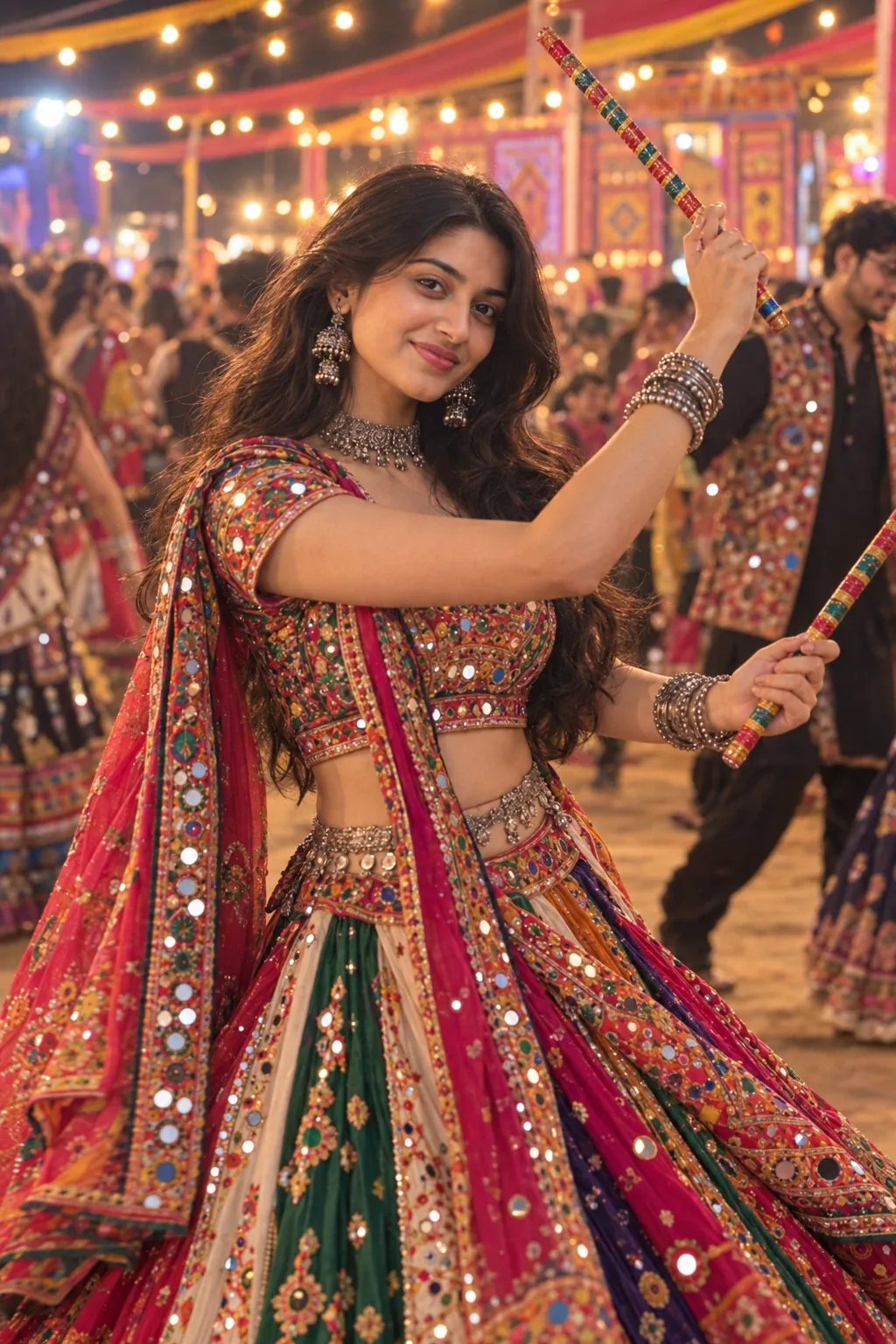 Navratri Garba Girl Playing Dandiya at Night