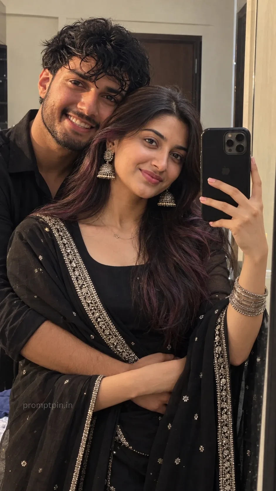 Hug Pose Mirror Selfie AI Photo Prompt for Couple