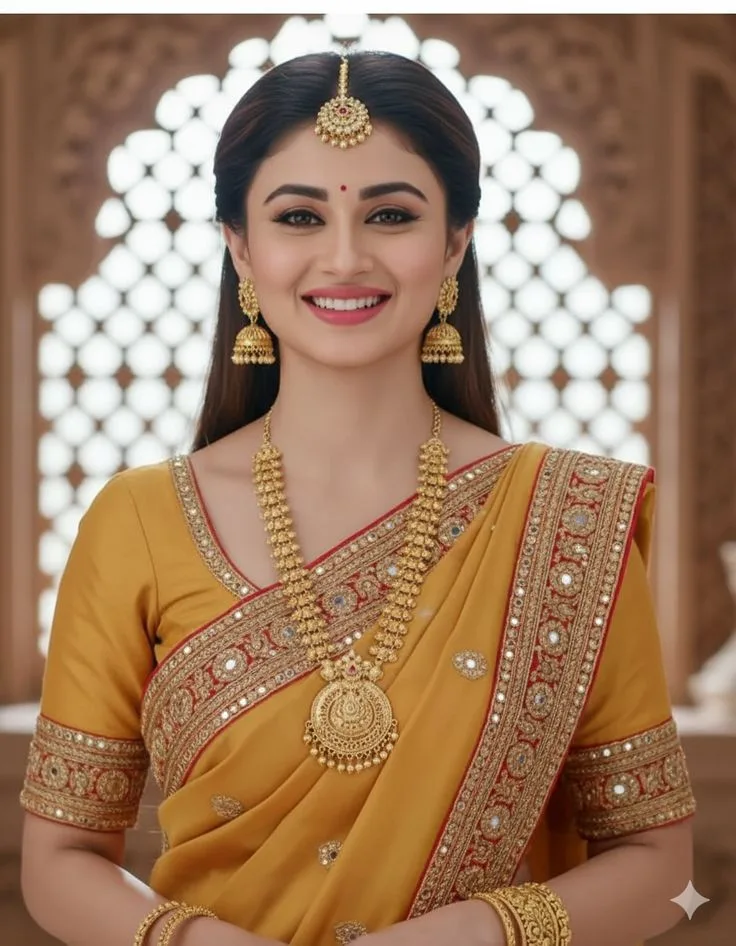 A high-resolution, photorealistic portrait of a young Indian woman smiling warmly