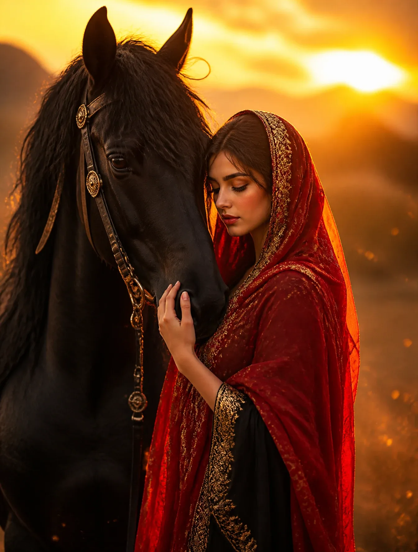 A Stunningly Beautiful Woman with a Delicate Face and Fair Skin Stands in a Field