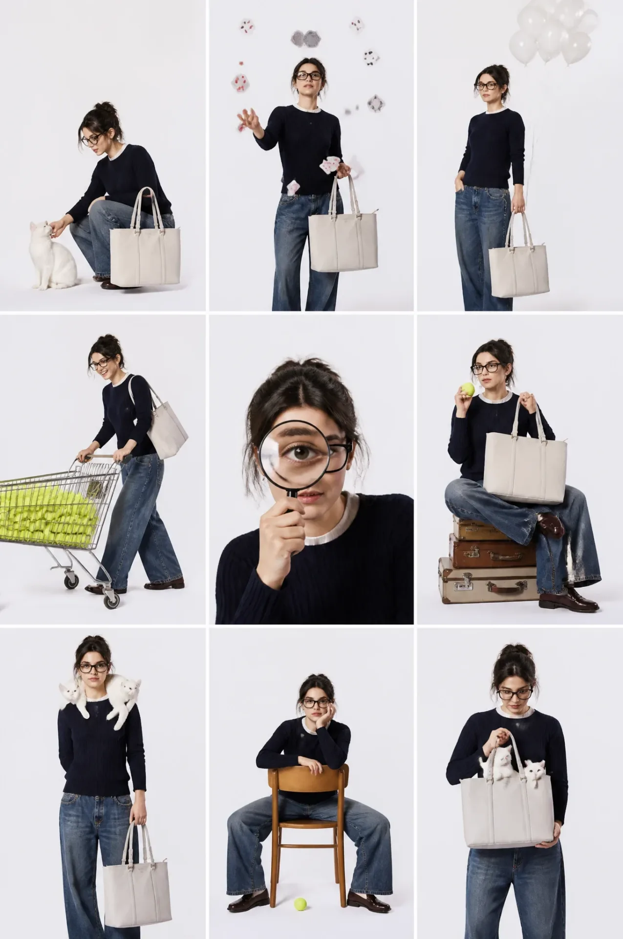 Studio Fashion Collage, 3x3 Grid Layout, Same Subject Repeated in Different Poses