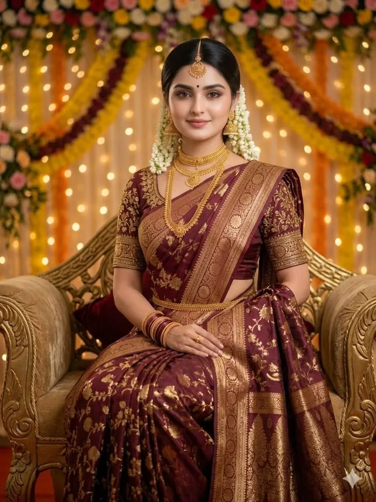 Prompt A full-length portrait of a beautiful South Asian bride seated