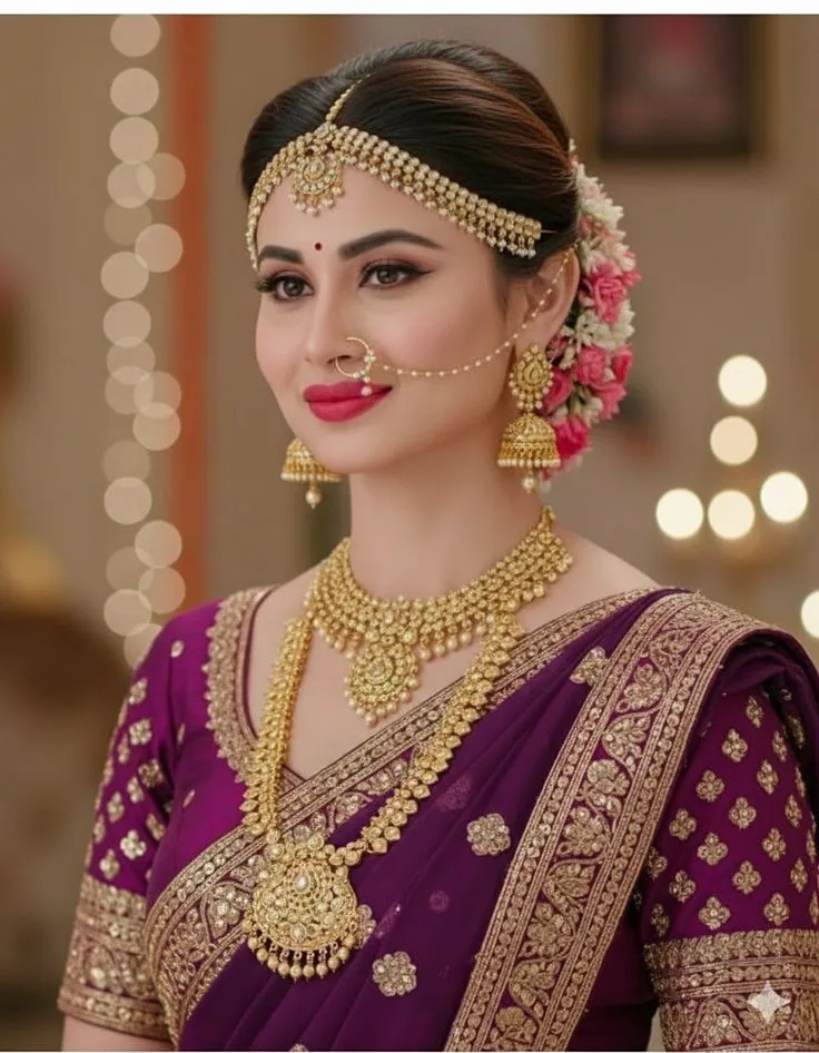 A close-up portrait of an elegant South Asian woman styled as
