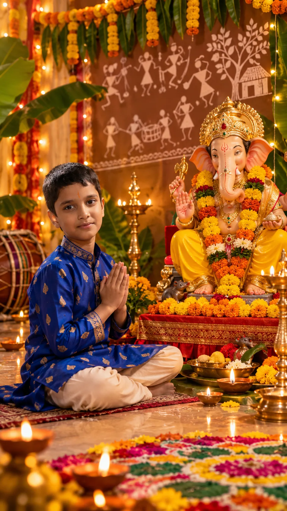A cute 9-year-old Indian boy in a royal blue kurta with