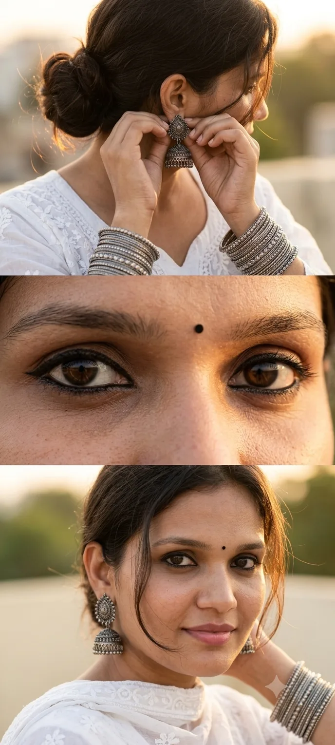 Cinematic triptych portrait of a young South Asian woman in traditional