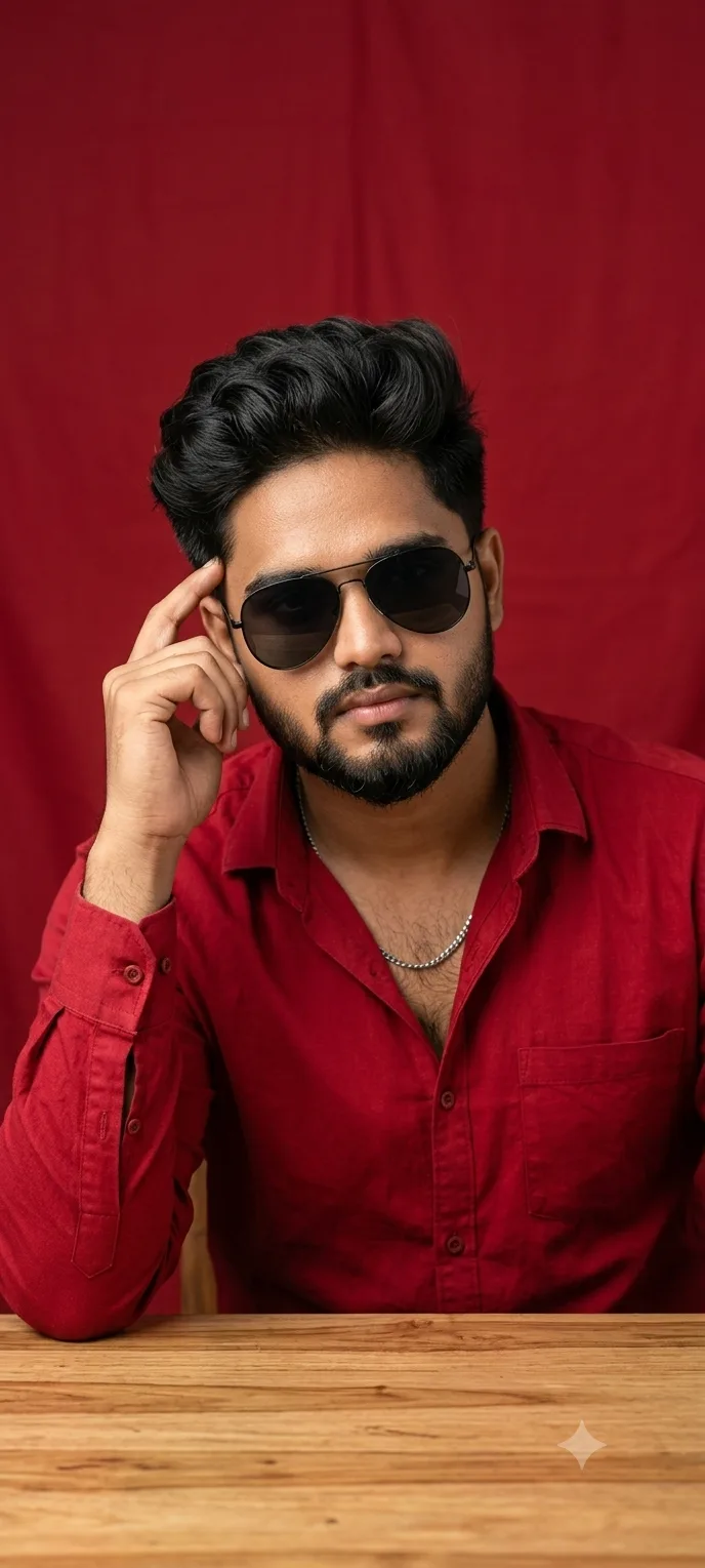 A realistic studio portrait of a young South Asian man in