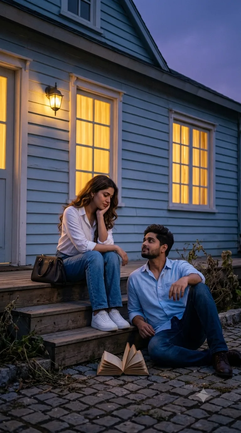 A cinematic, full-length shot of a young South Asian couple sharing