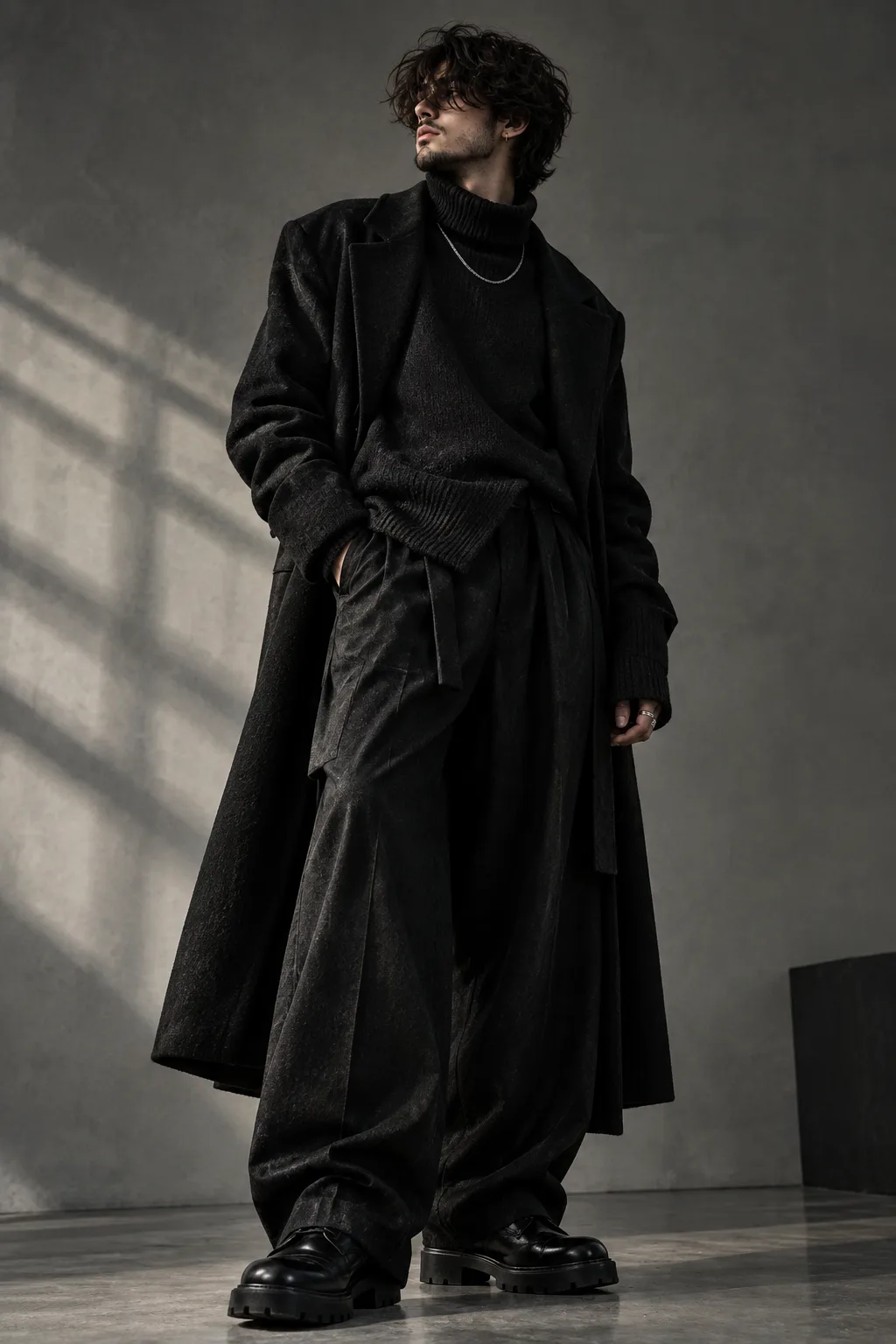 > A cinematic full-body fashion portrait of a stylish young man