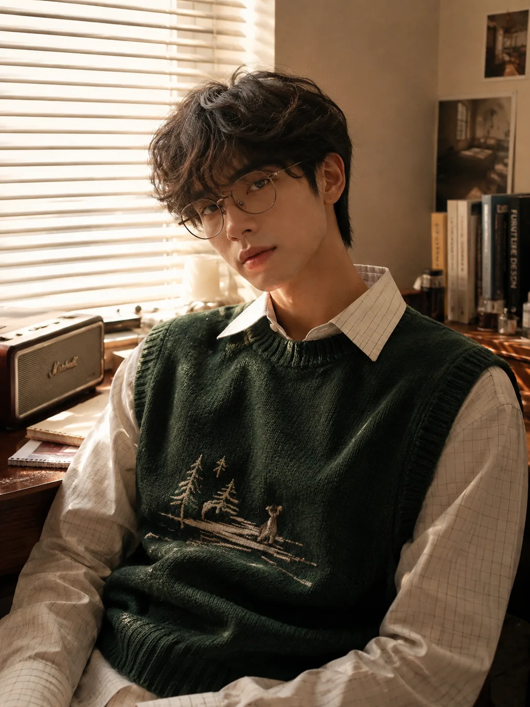 Vintage Academia — Cozy Emerald Editorial Portrait.