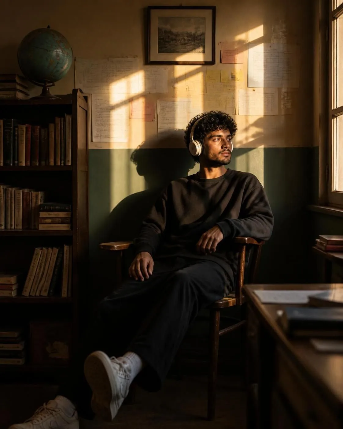 Highly realistic cinematic indoor portrait of a young man relaxing in