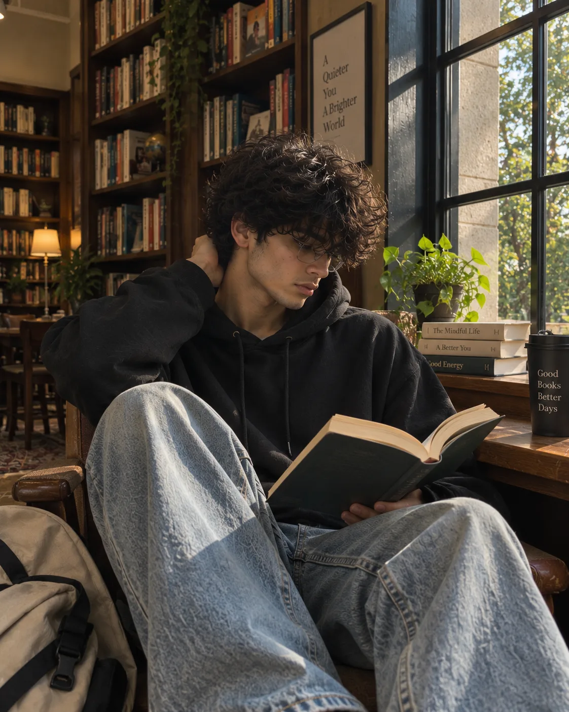 A cinematic, intimate lifestyle portrait of a young man sitting quietly