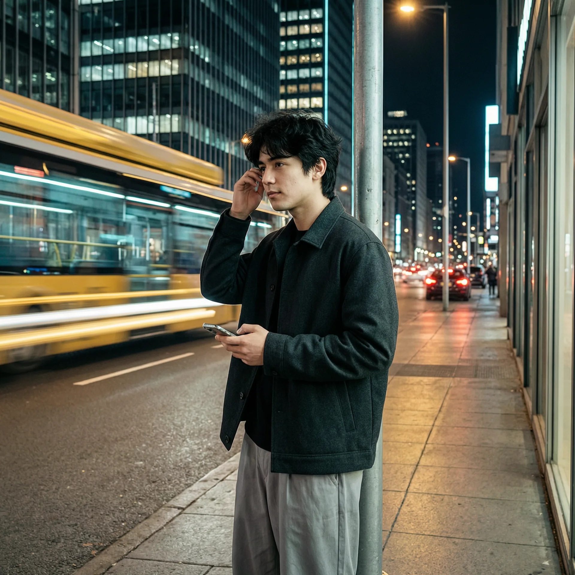 Cinematic nighttime urban portrait of a young male standing casually on
