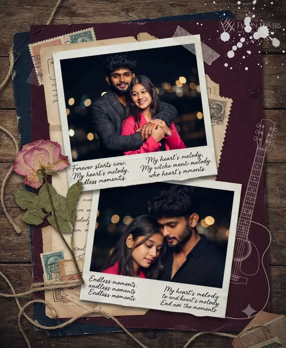 A dark romantic scrapbook poster with two diagonal torn-edge polaroid photos