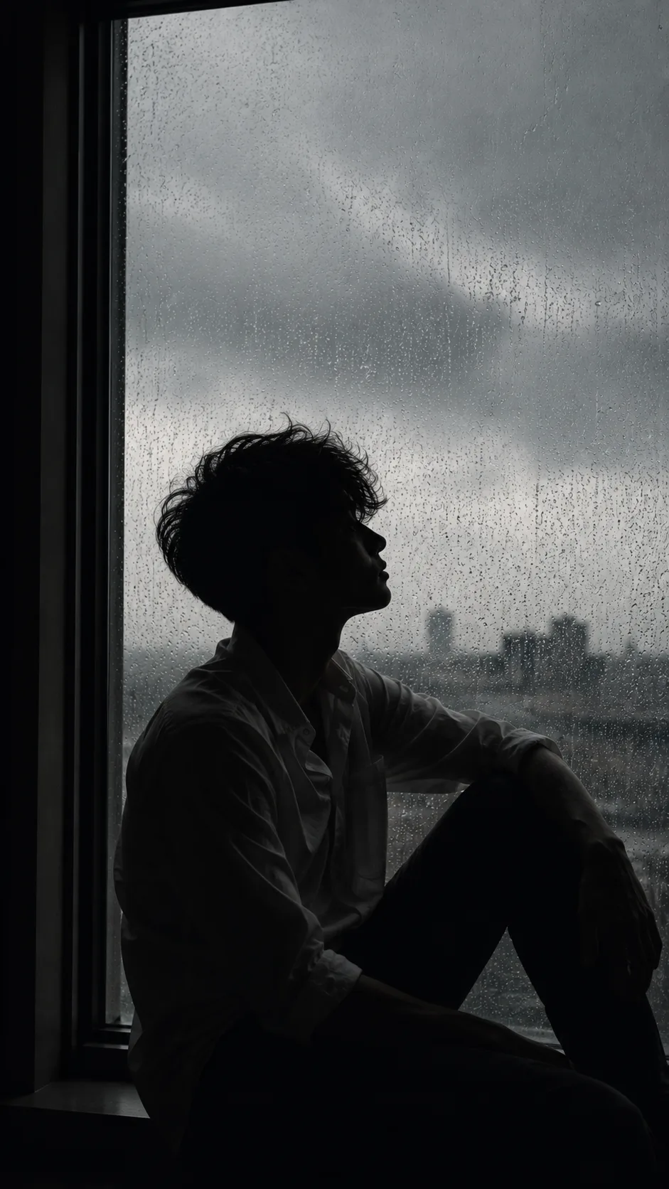 Cinematic 8K portrait, vertical 9:16 composition, titled “Rainy Window Reverie.” A