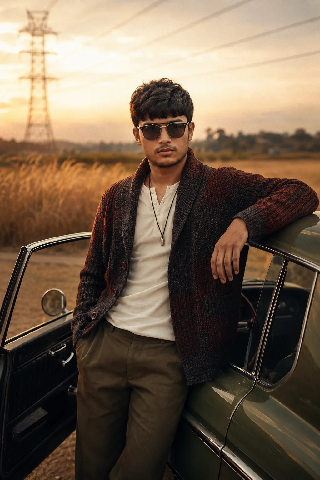 A cinematic golden-hour countryside portrait of a young man leaning casually