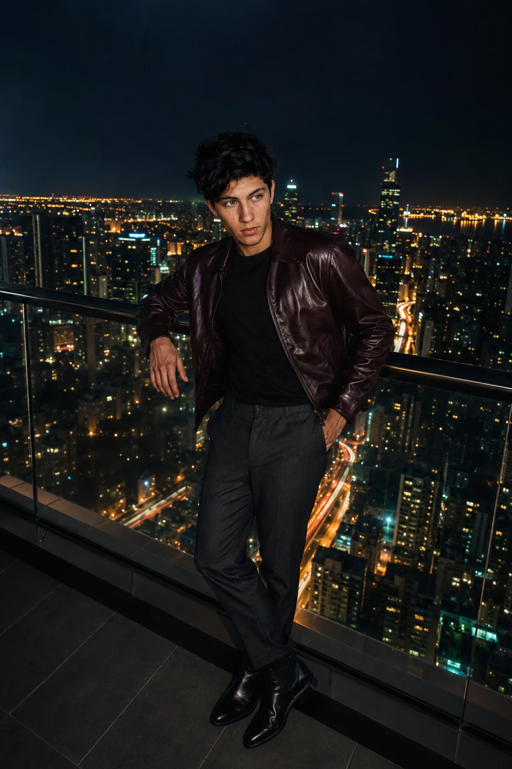 A cinematic rooftop portrait at night, a man standing on a