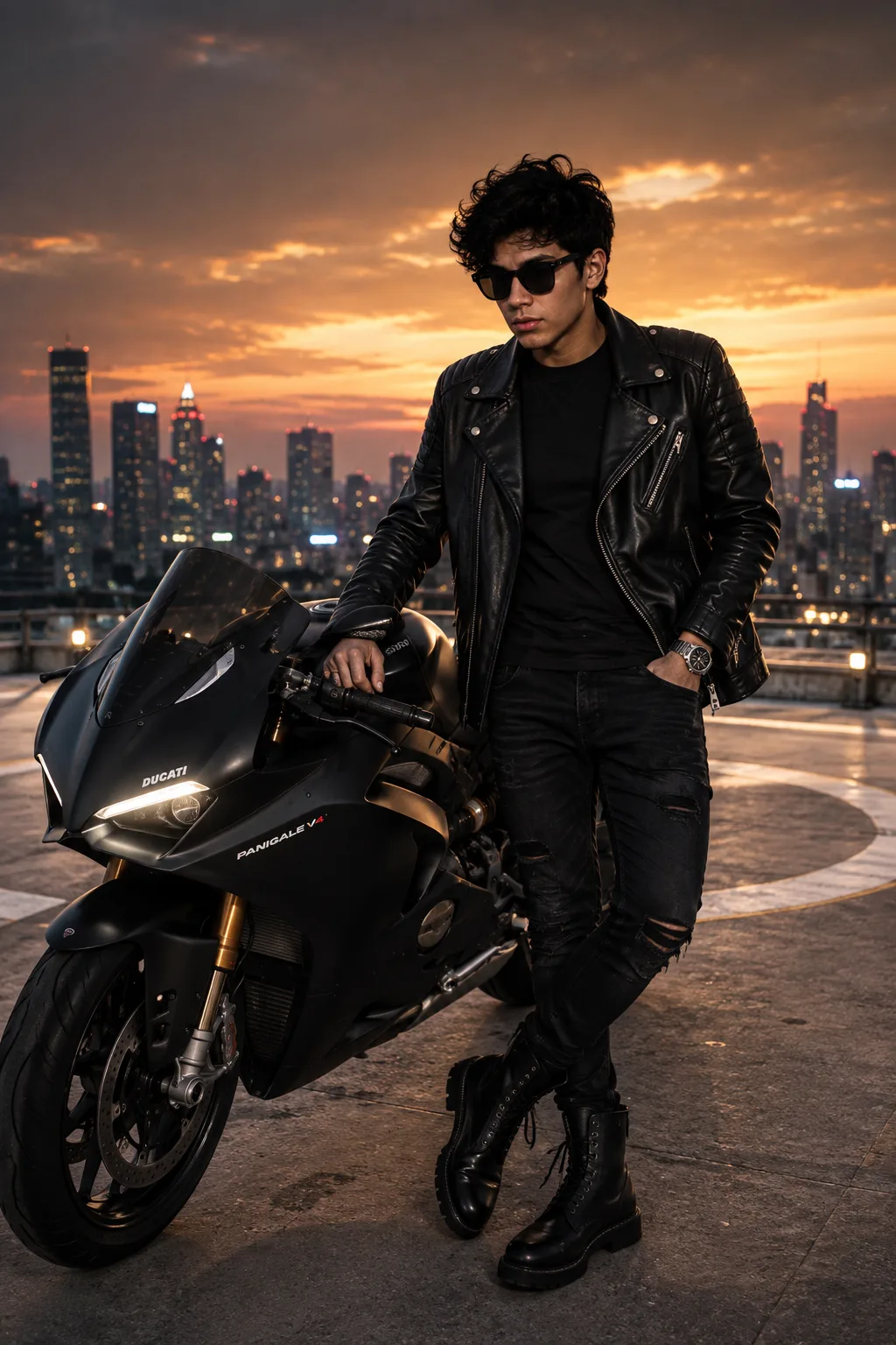 Full-body editorial fashion photo, male model wearing oversized matte black leather