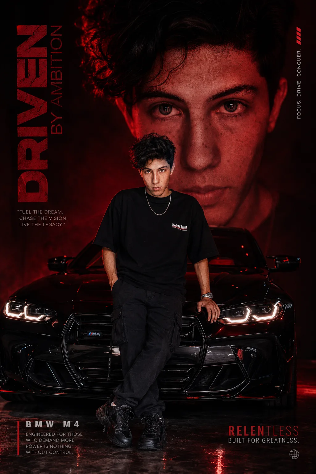 8K cinematic poster of a young man standing confidently in front