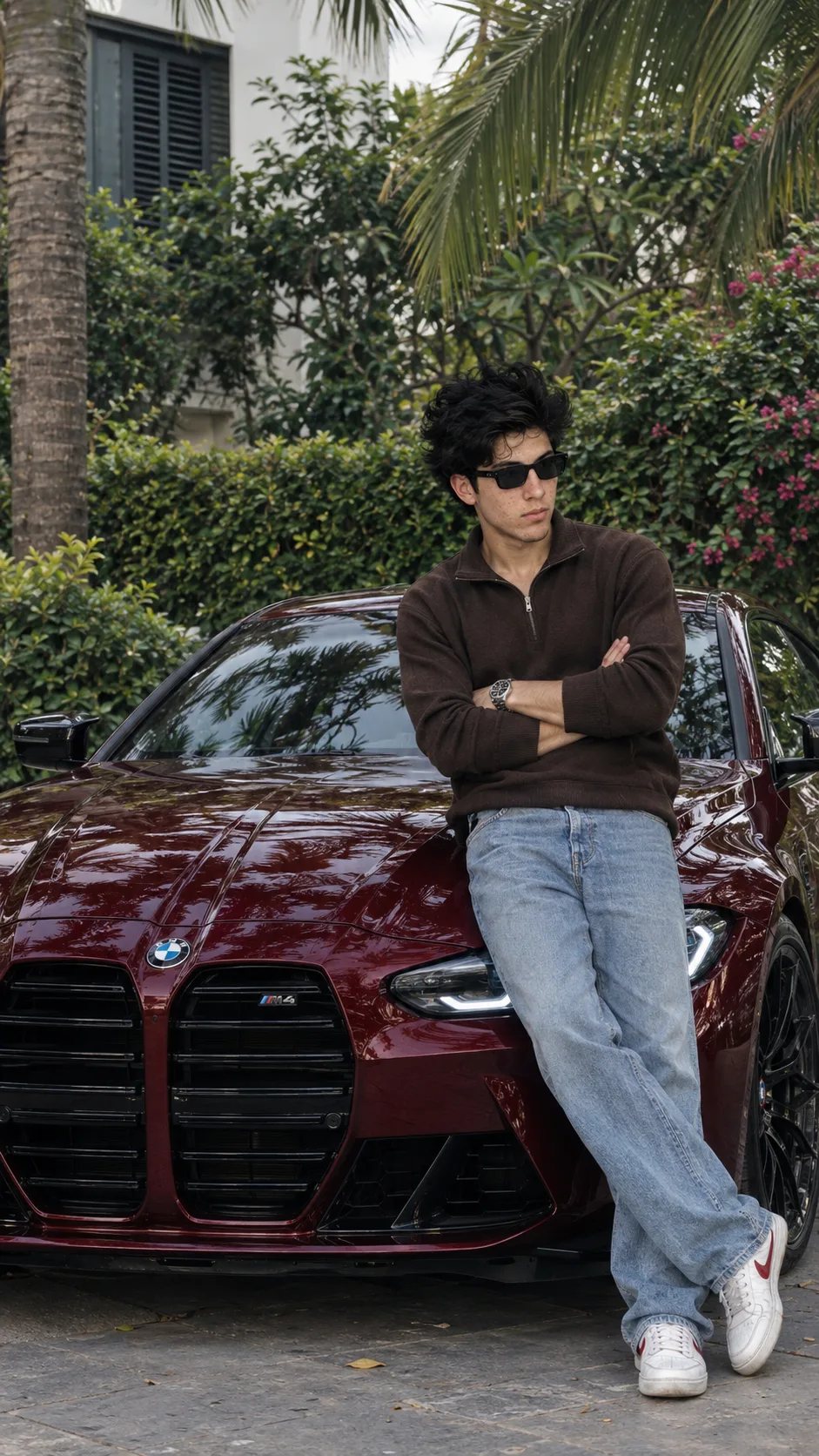 Ultra-photorealistic vertical 9:16 luxury automotive fashion portrait using the uploaded reference