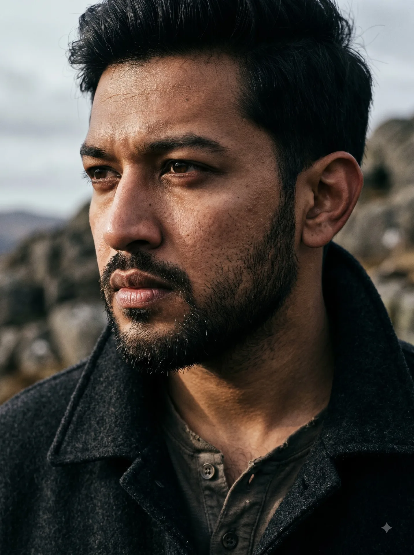 [Create an ultra-photorealistic cinematic close-up portrait of a rugged South Asian
