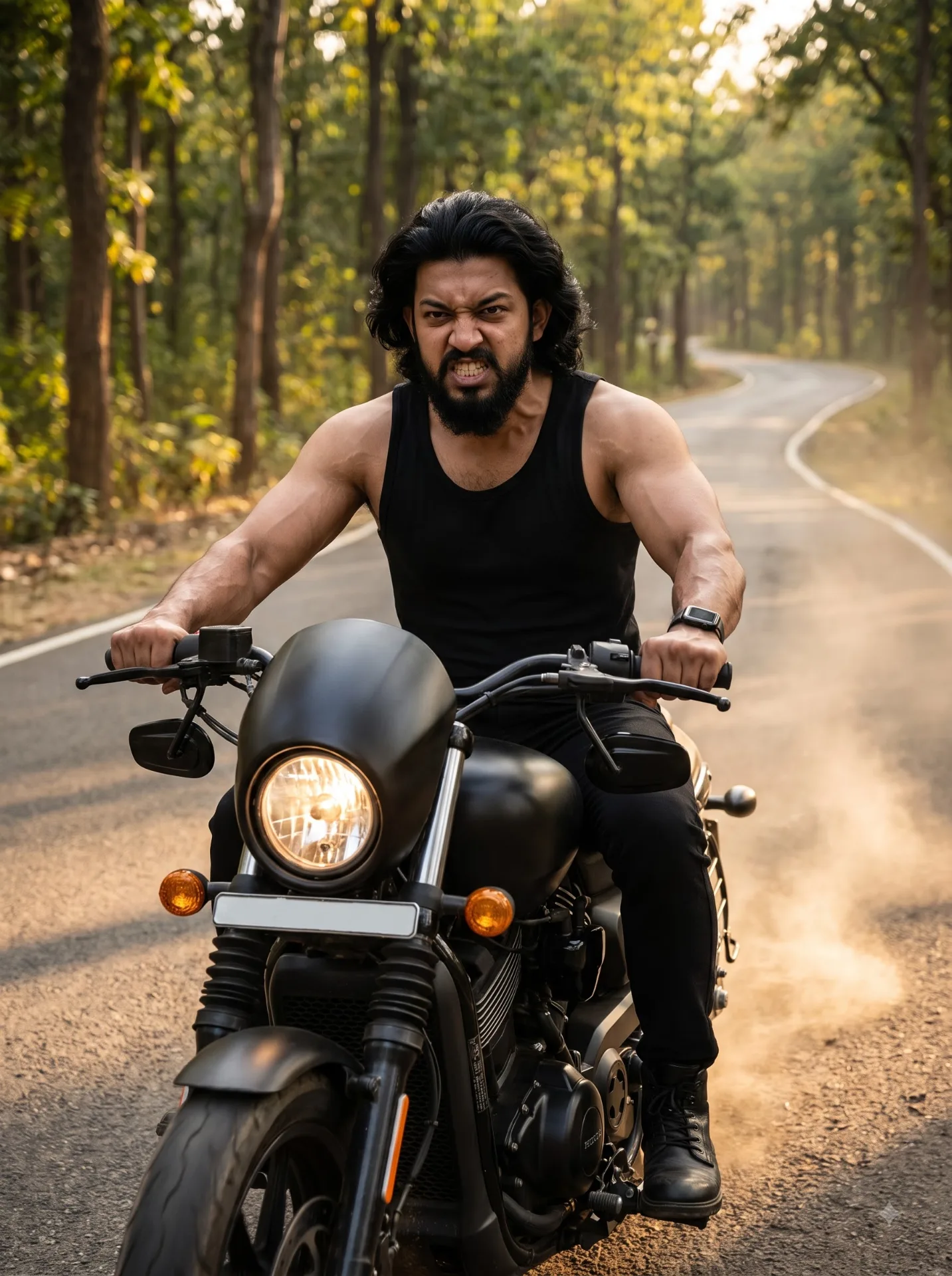 Cinematic photo of a muscular bearded man riding a matte black