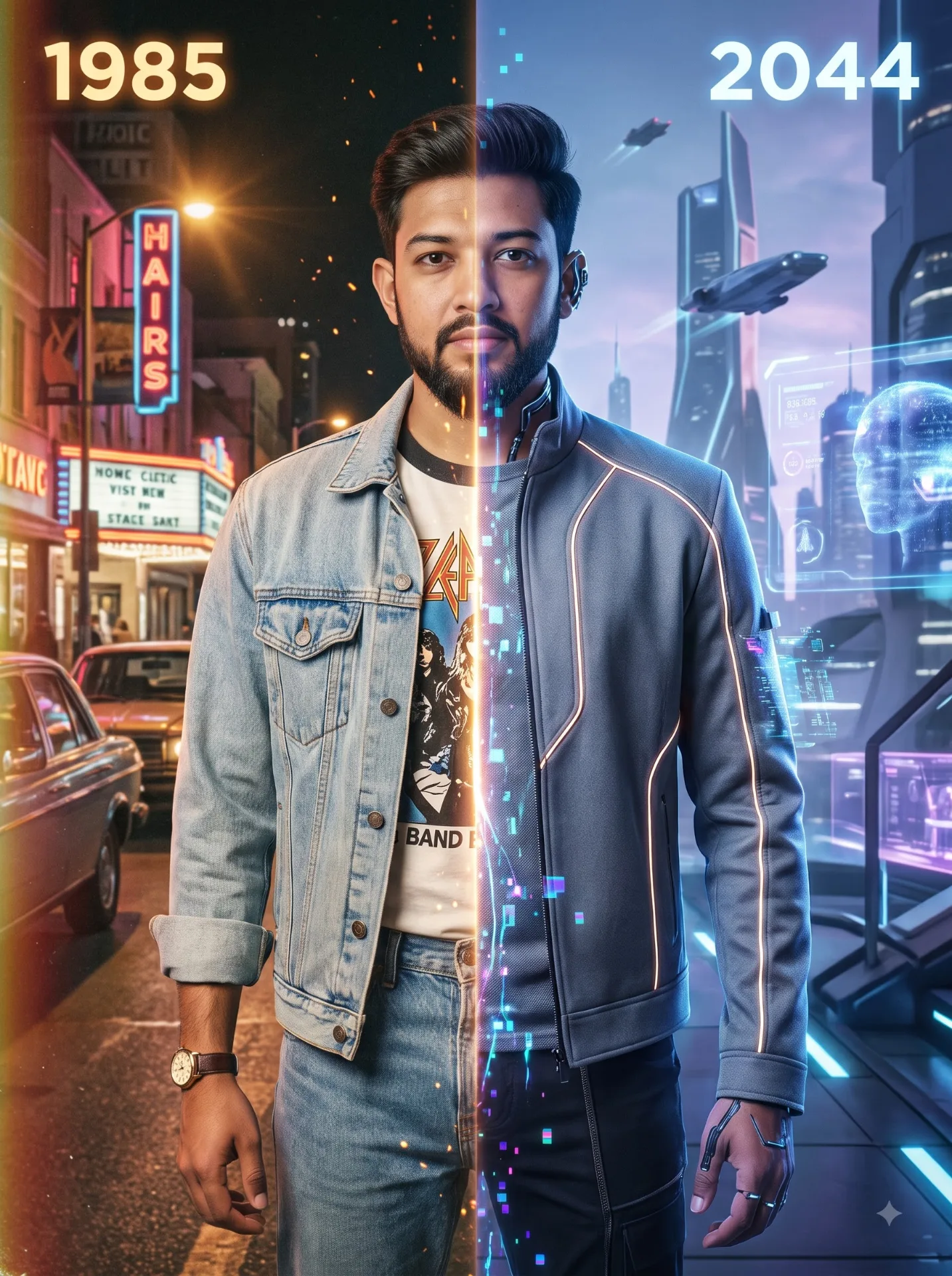 A stunning dual-timeline cinematic portrait featuring the same person standing at