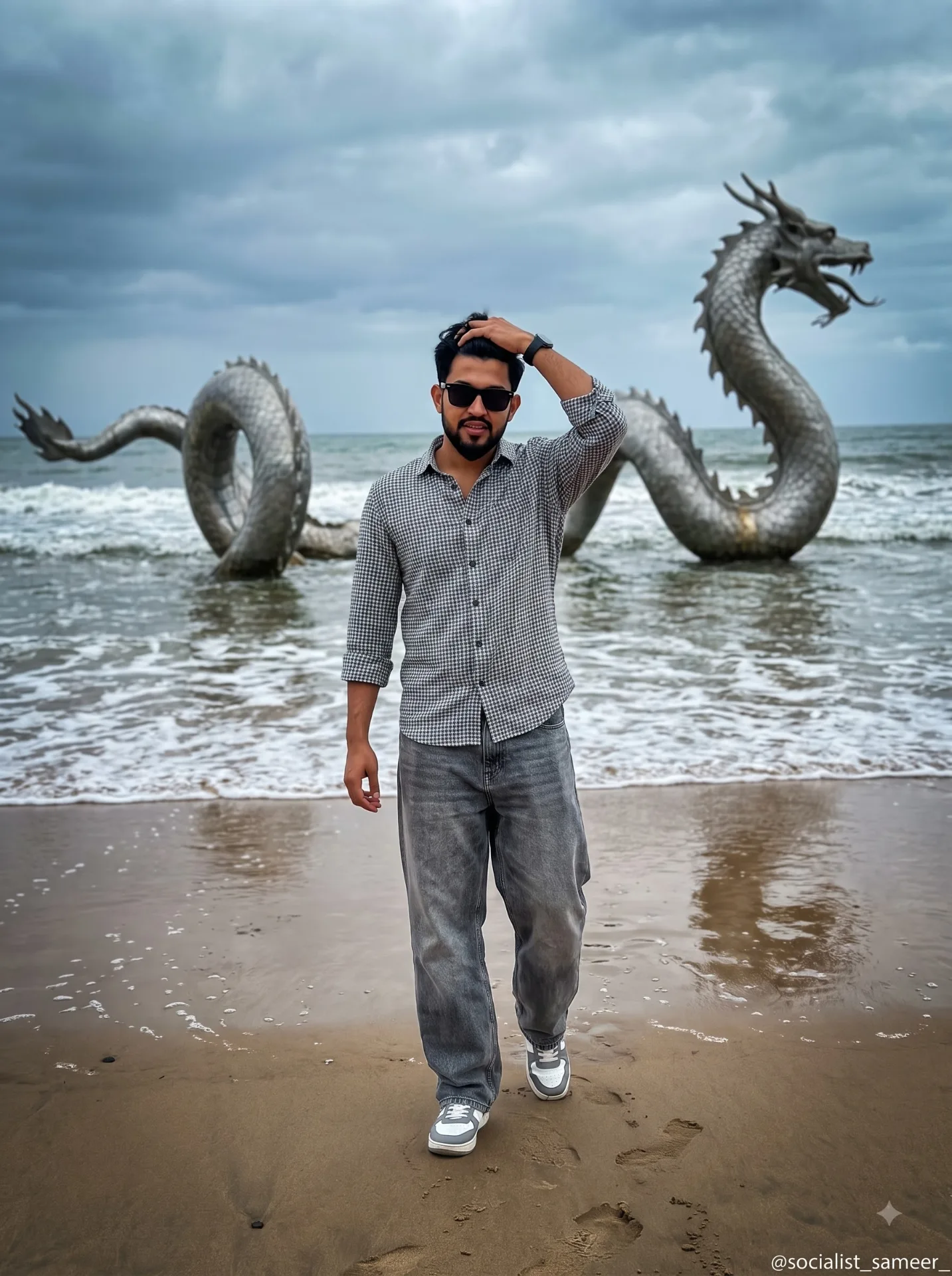 Full-body cinematic shot of a young South Asian man running one