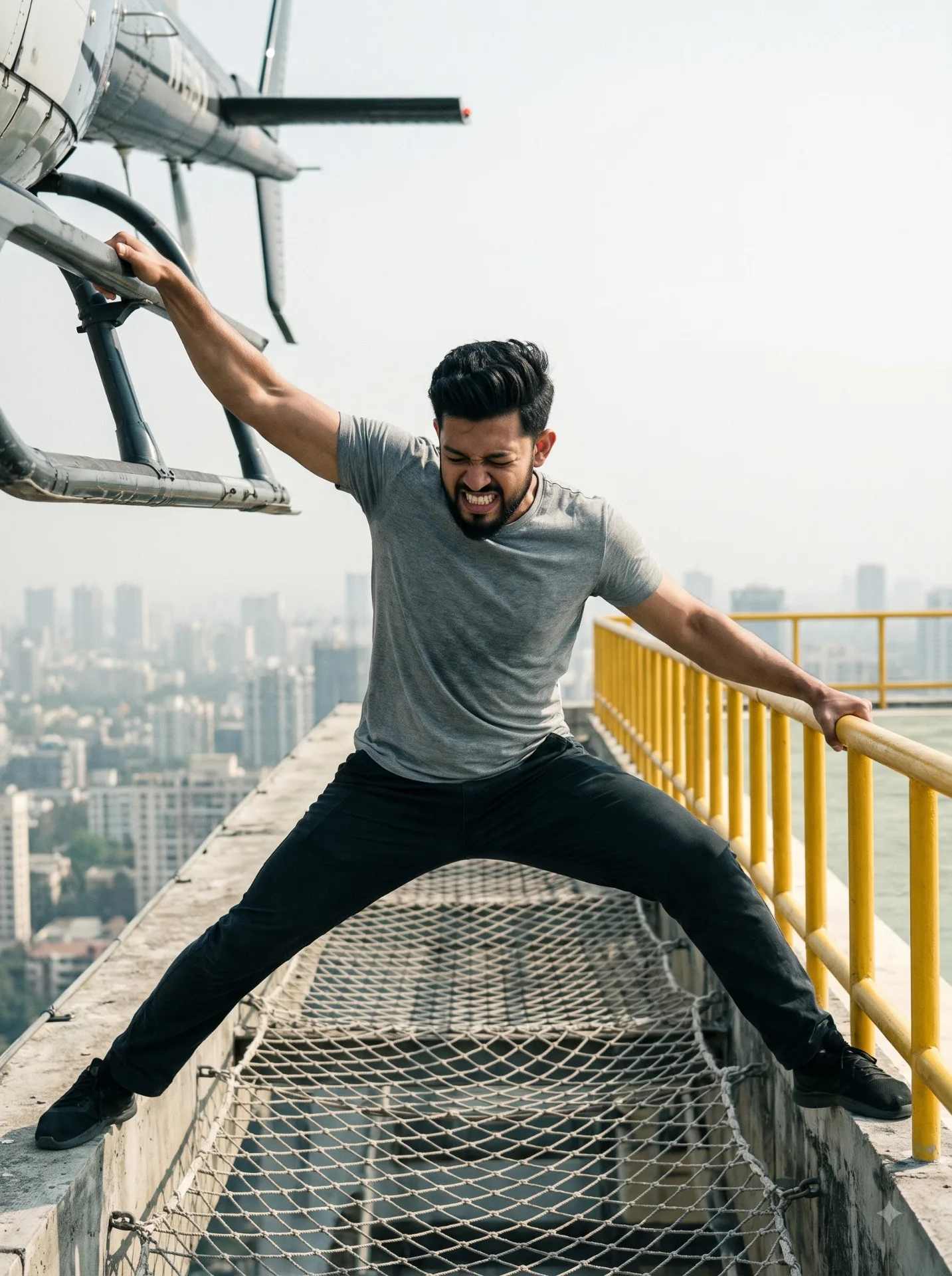A medium shot depicts a muscular South Asian man in his