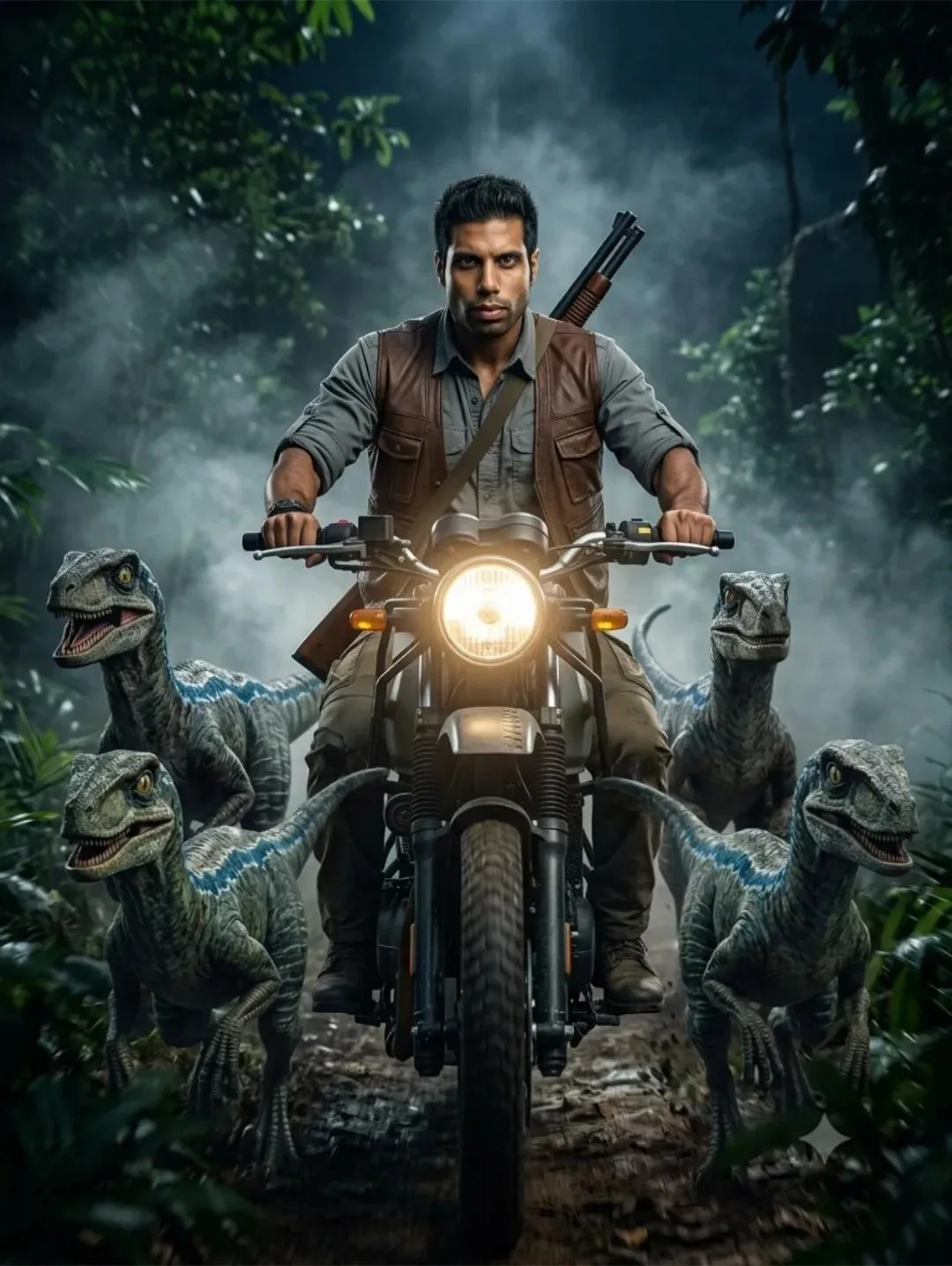 A highly realistic, cinematic photo of me riding a motorcycle head-on