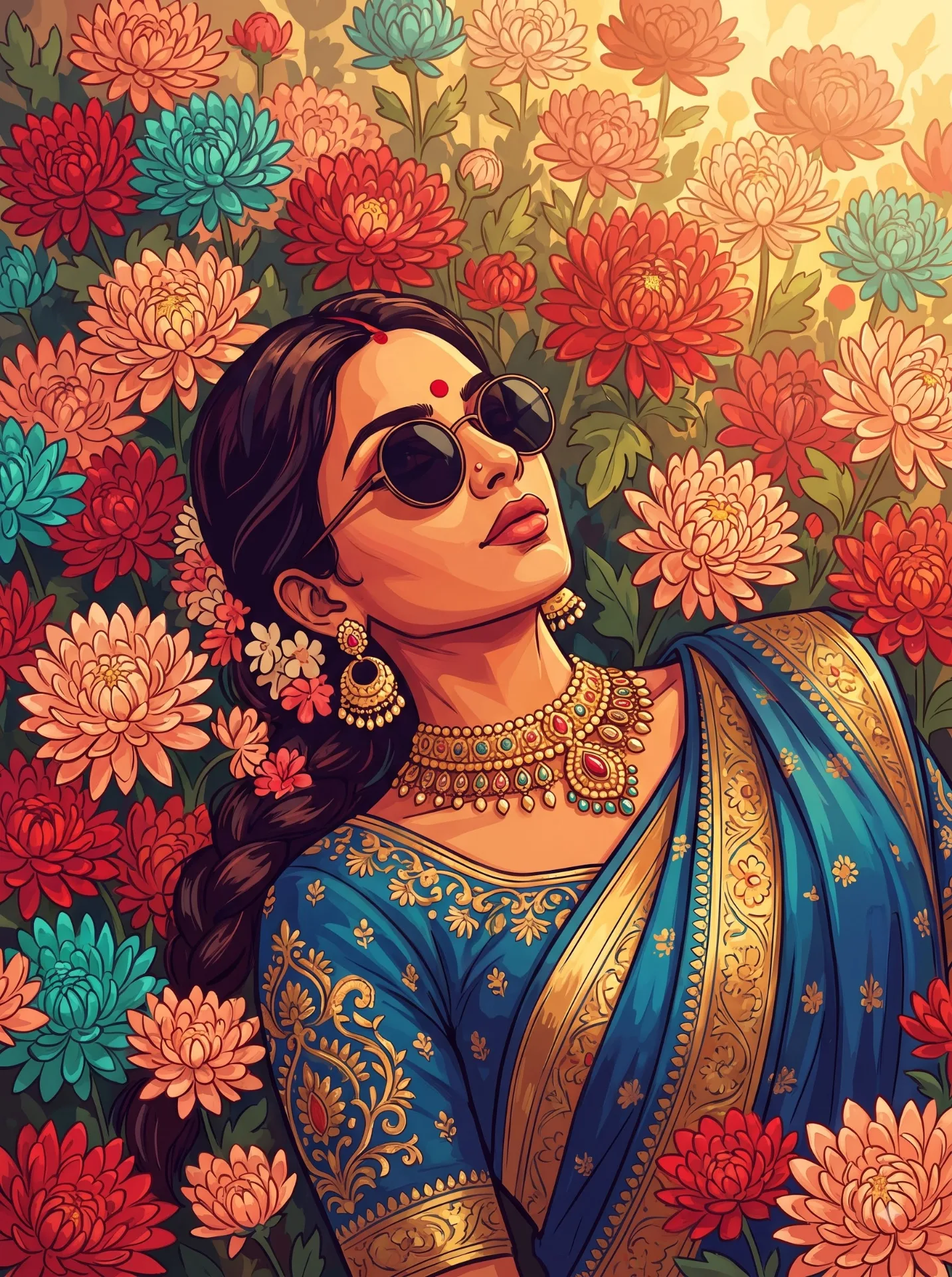 A vibrant digital vector illustration of an Indian woman lying surrounded