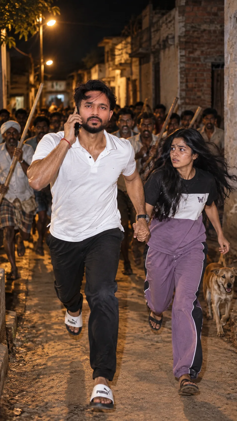 Cinematic street-action photograph using the uploaded reference image as the facial