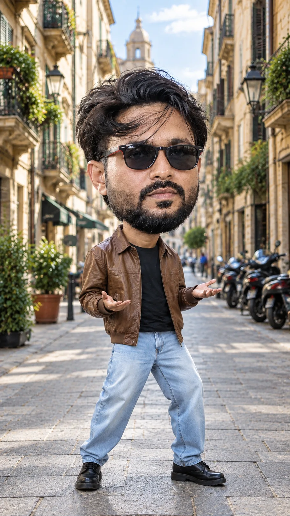 Highly realistic funny oversized-head portrait of a man standing in a