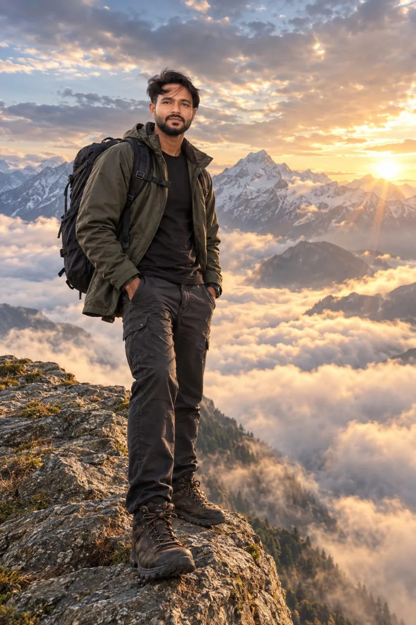 Cinematic luxury adventure photograph of the young man from the reference