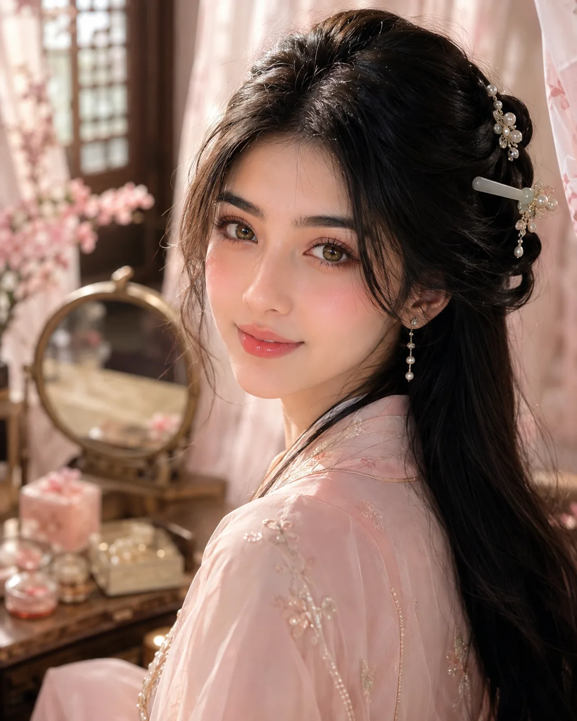 Peach Glow Ancient Beauty | Elegant Chinese Boudoir Portrait