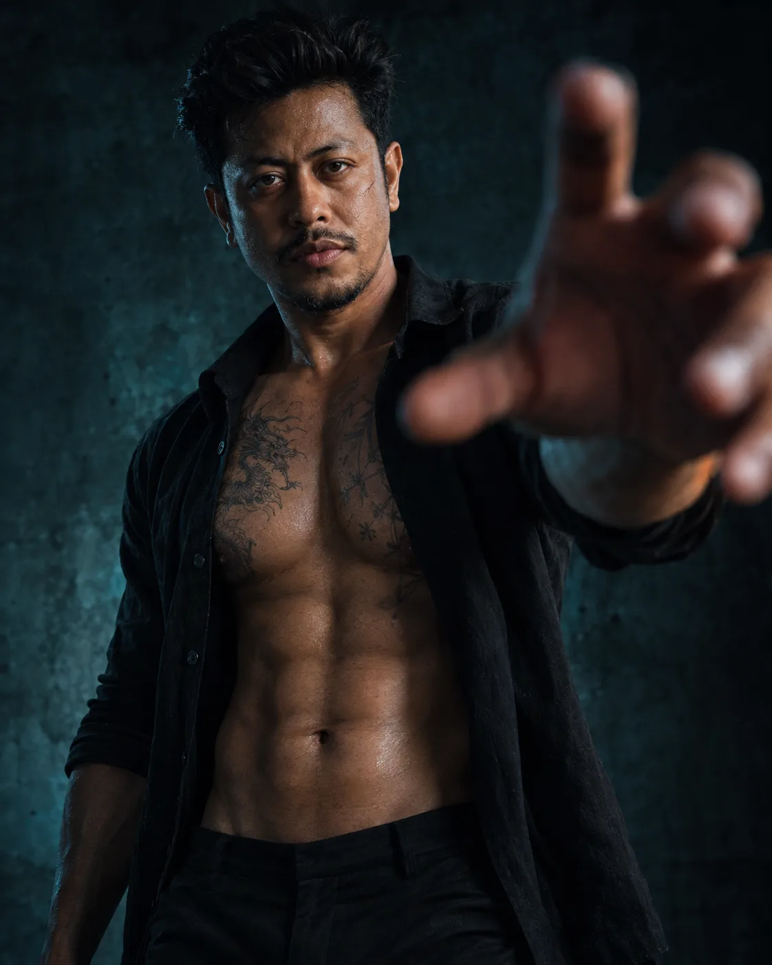 Cinematic dark-action editorial portrait of a powerful, athletic South Indian man
