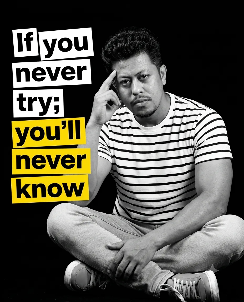 Bold black-and-white editorial poster of a stylish young South Indian man