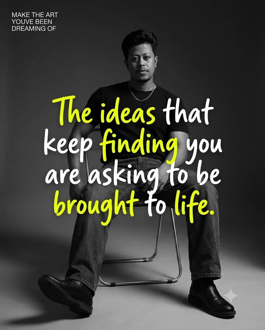 Minimalist black-and-white editorial studio poster of a stylish young man seated