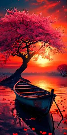 A beautiful wooden boat floating on a calm lake during a