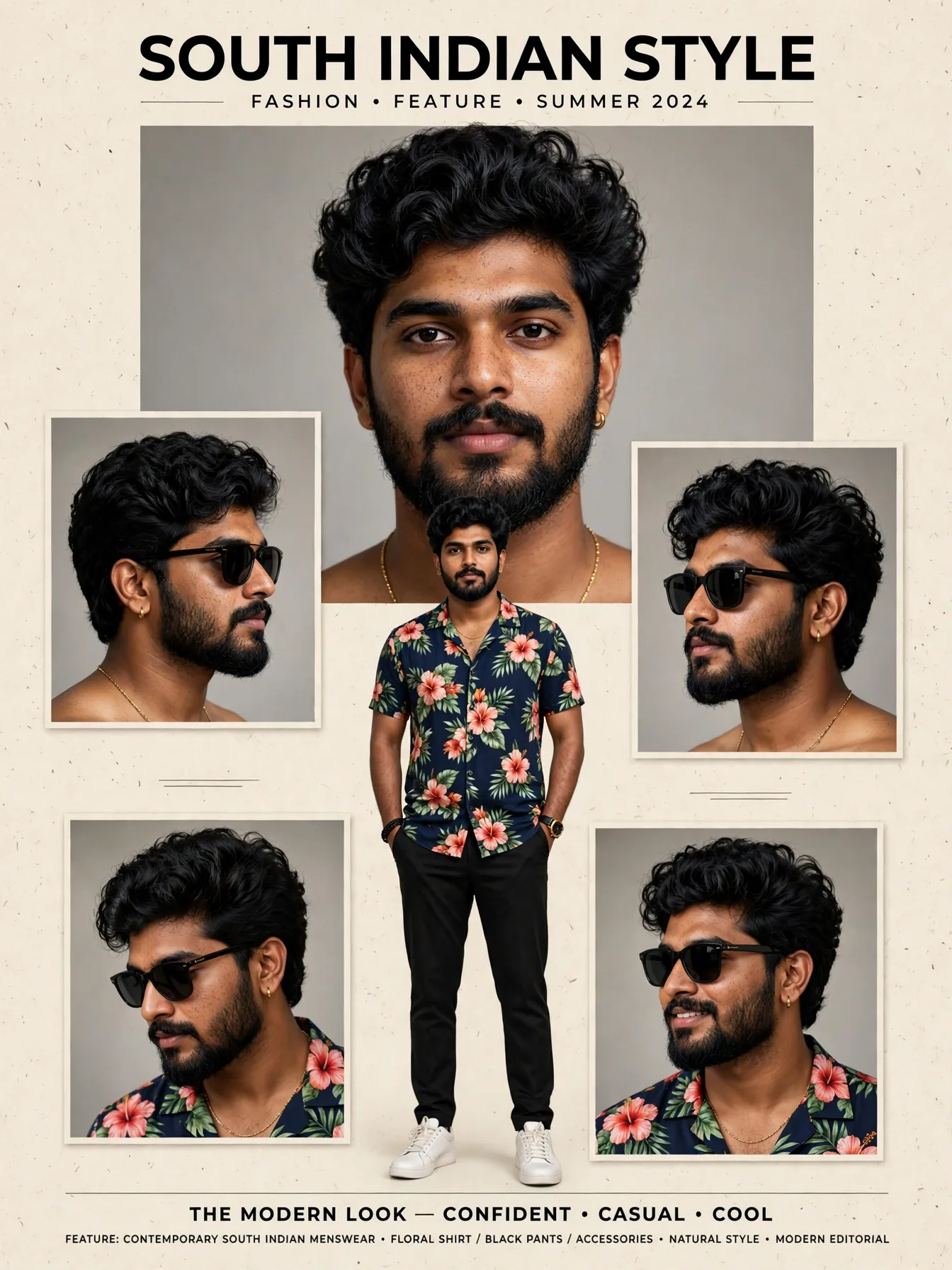 South Indian fashion collage poster featuring the same young man in