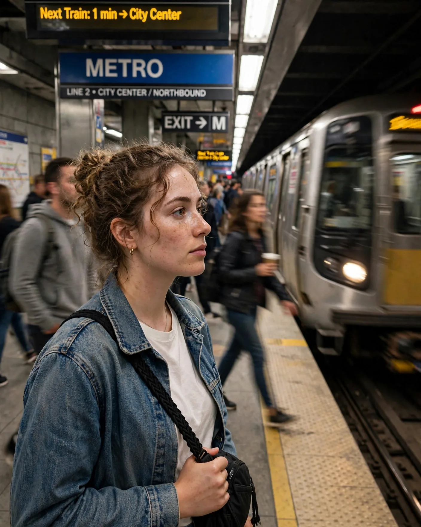 A natural candid photograph of a young adult woman waiting at