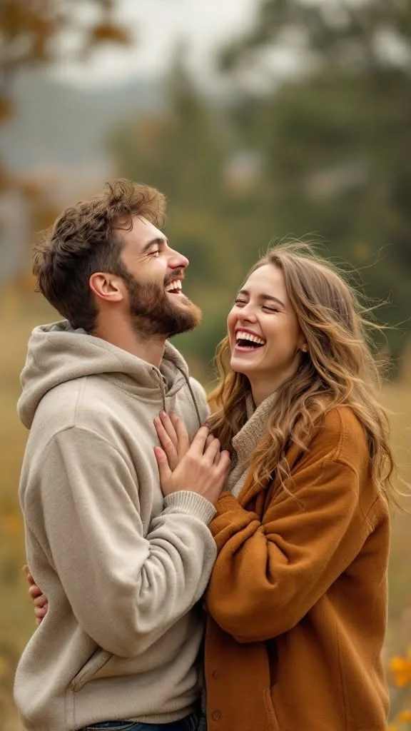 A candid, heartwarming photorealistic portrait of a young couple laughing out